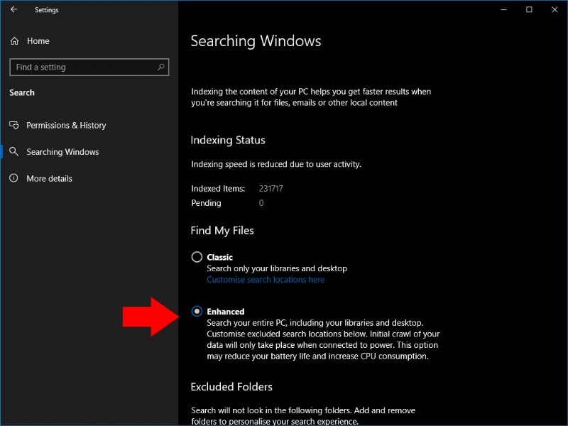Windows 10 で拡張検索を有効にする方法