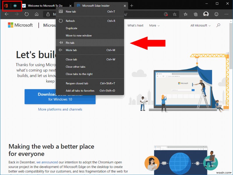 Microsoft Edge Insider でピン留めされたタブを使用する方法