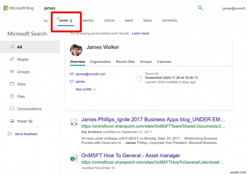 Bing で Microsoft Search を使用して作業データを検索する方法