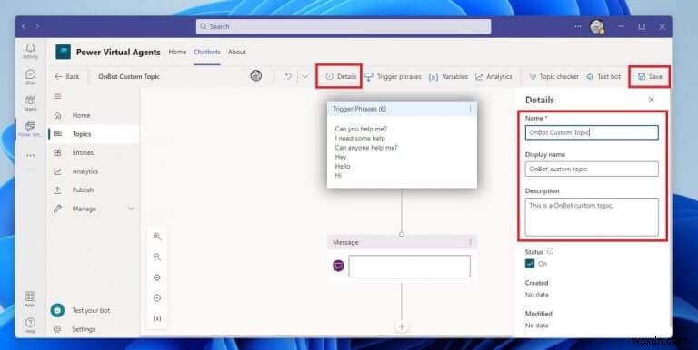 Microsoft Teams で Power Virtual Agents チャットボットのトピックを作成および編集する方法