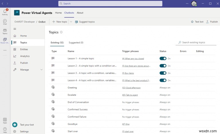 Microsoft Teams で Power Virtual Agents チャットボットのトピックを作成および編集する方法