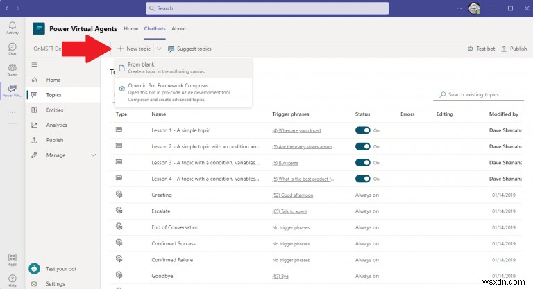 Microsoft Teams で Power Virtual Agents チャットボットのトピックを作成および編集する方法