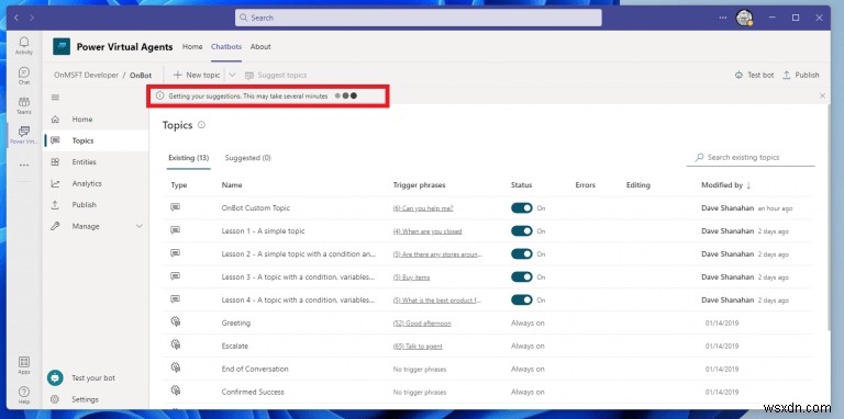 Microsoft Teams で Power Virtual Agents チャットボットのトピックを作成および編集する方法