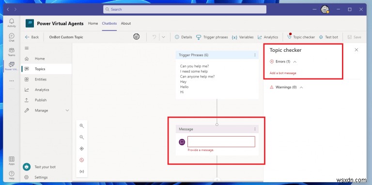 Microsoft Teams で Power Virtual Agents チャットボットのトピックを作成および編集する方法