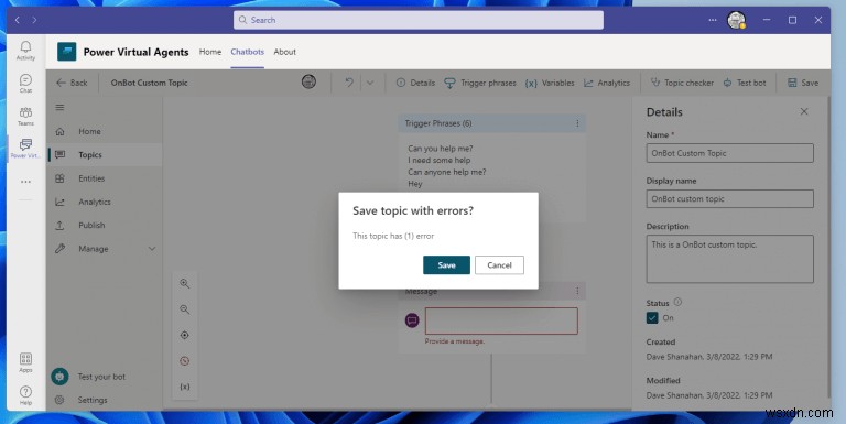 Microsoft Teams で Power Virtual Agents チャットボットのトピックを作成および編集する方法