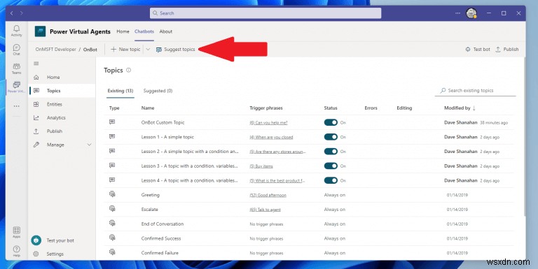 Microsoft Teams で Power Virtual Agents チャットボットのトピックを作成および編集する方法