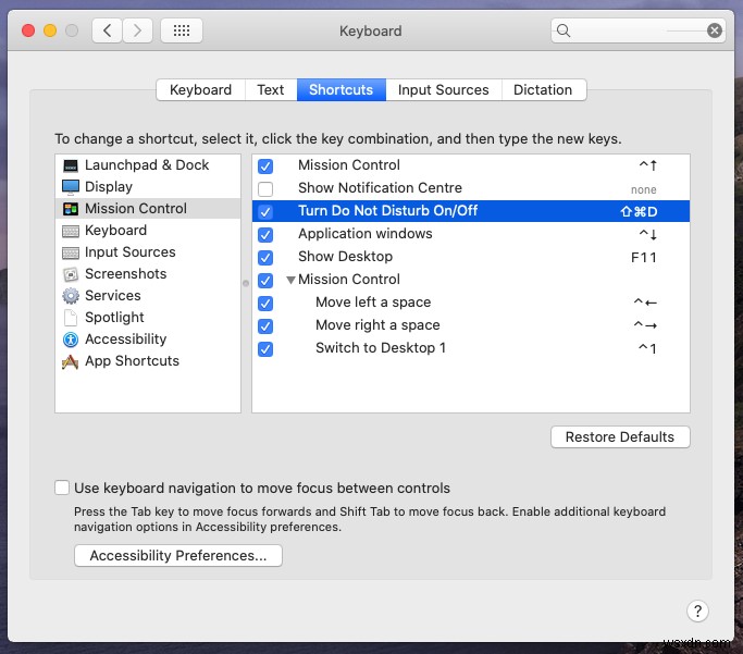 Mac で集中モードのキーボード ショートカットを設定する手順