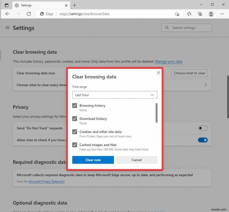 Cookie とともに Edge ブラウザのキャッシュをクリアする方法