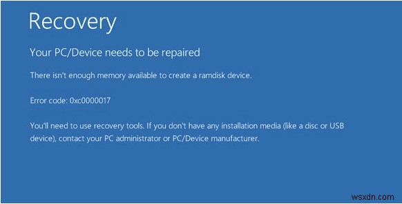 Windows 10 Update エラー コード 0xc0000017 の修正方法