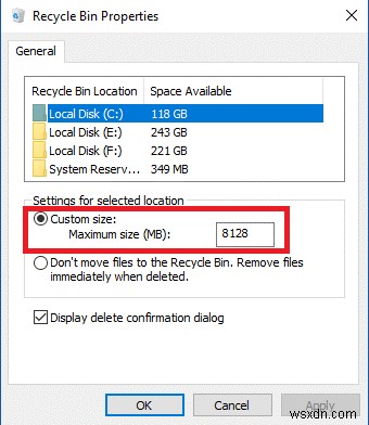 Windows 10 でごみ箱のストレージ設定を変更する方法