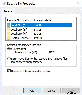 Windows 10 でごみ箱のストレージ設定を変更する方法