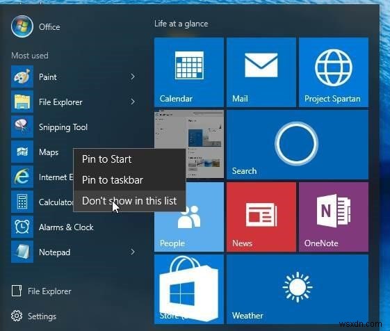 Windows 10 のスタート メニューから「最も使用されているアプリ」を削除する方法