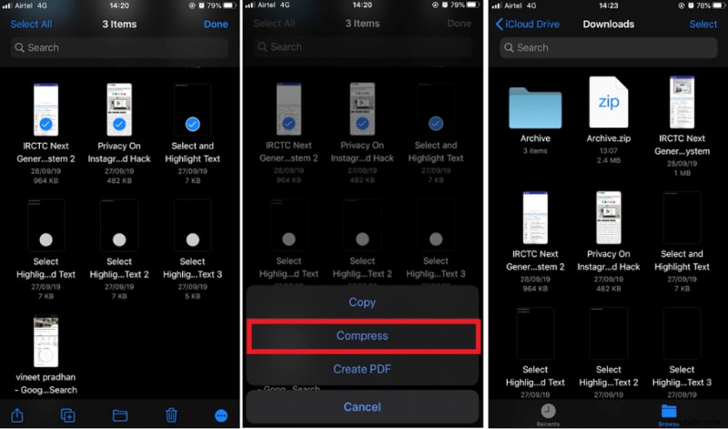 iPhone で Zip ファイルを作成して開く方法