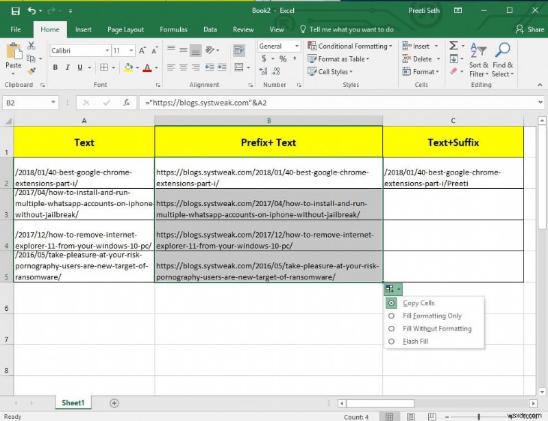 Excel のすべてのセルにプレフィックスを追加する簡単な方法