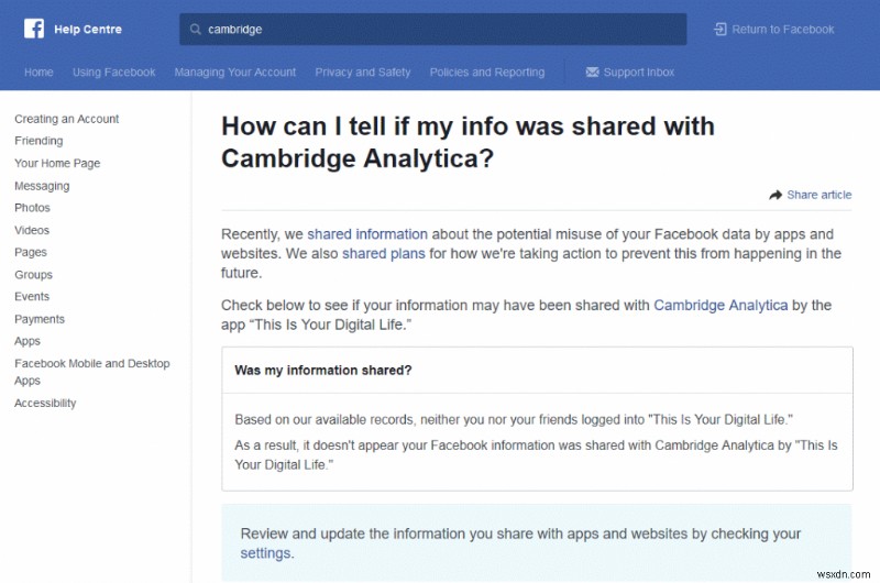 Facebook データが Cambridge Analytica と共有されているかどうかを確認する