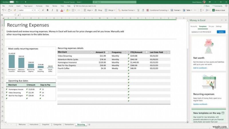 Money In Excel を使用して経費を管理する