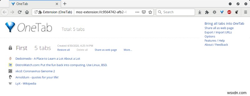 Firefox OneTab - 1 つのタブですべてを管理