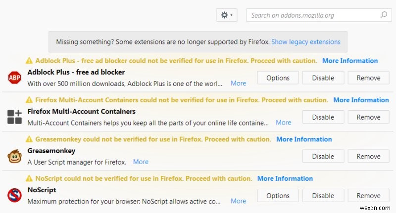 Firefox がすべてのアドオンを無効にする - 問題と解決策