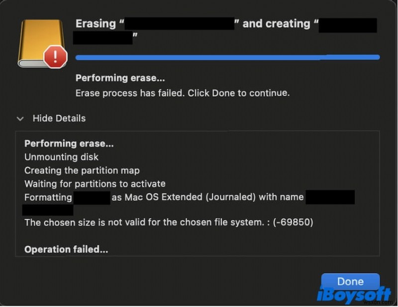 macOS での「選択したサイズが選択したファイル システムに対して無効です」エラー (-69850) を解決する 