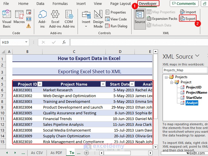 Excel データを DOC、PDF、CSV、XML、および vCard 形式に簡単にエクスポート 