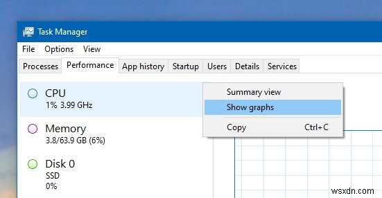 Windows 10タスクマネージャーで失われたグラフサムネイルを復元する 